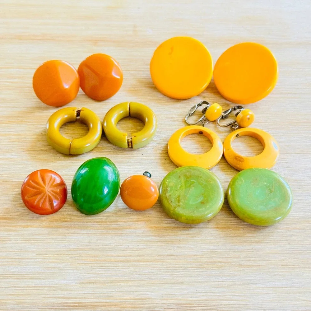 VTG Bakelite Lot Pairs Single Earring Earrings Tested Chunky Art Deco Estate